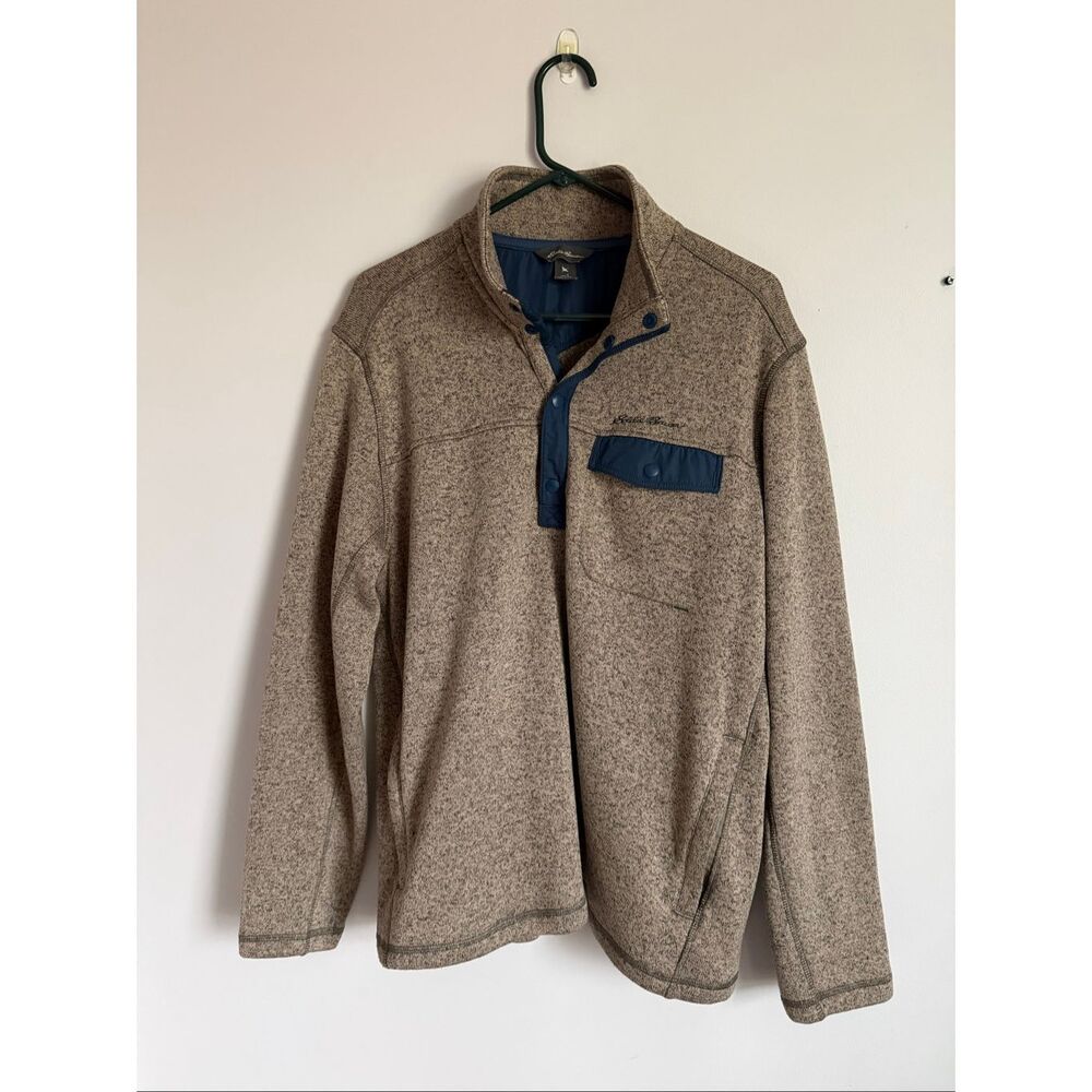 Eddie Bauer Mens Fleece Pullover Snap Neck Tan Grey and Navy Hiking Outdoor Swea